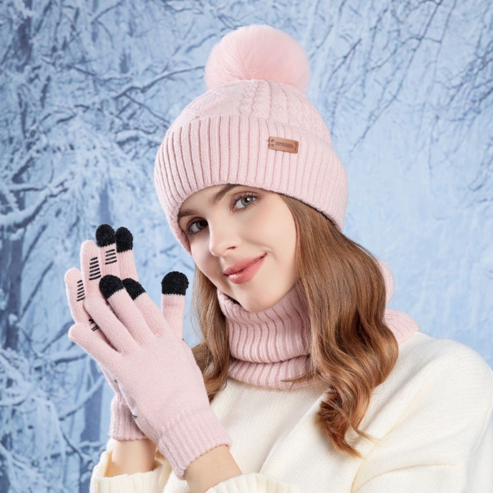 Wool Glove Lined - 3-częściowy Zestaw: Prosty, jednolity kolor, czapka,